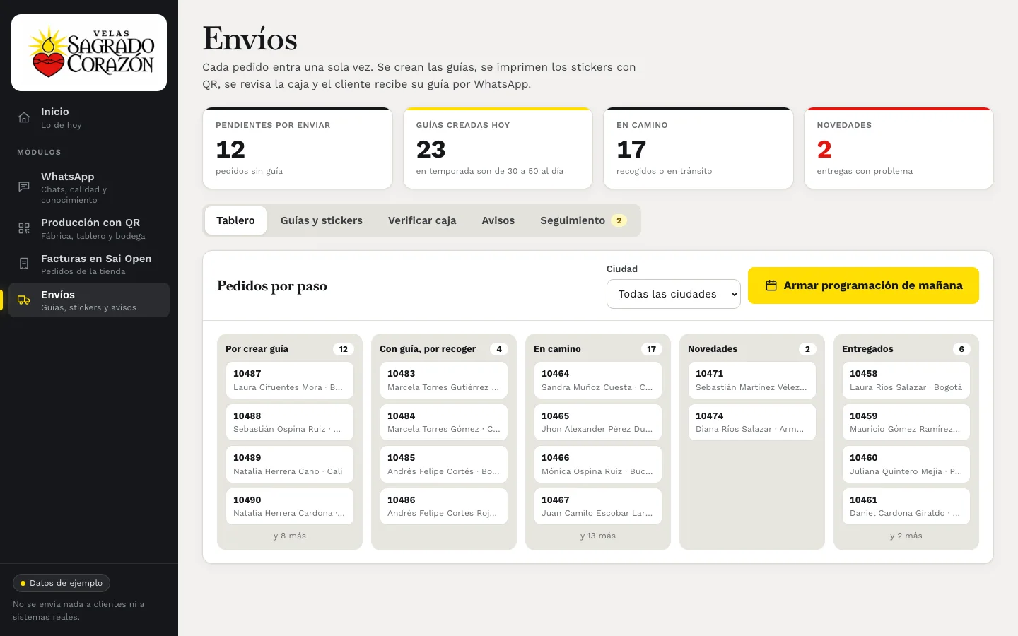 Tablero de despachos del demo con pedidos por generar guía, en ruta y entregados