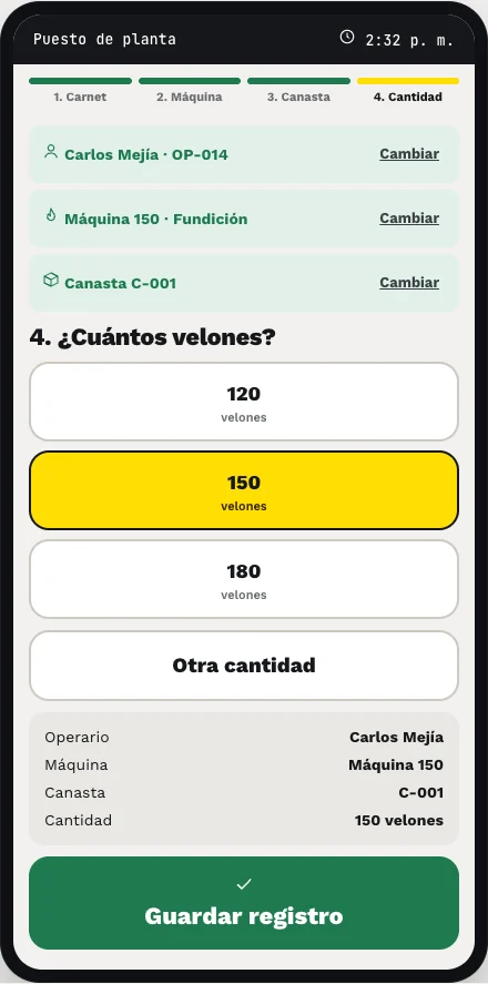 Pantalla del puesto de planta con botones grandes para elegir la cantidad
